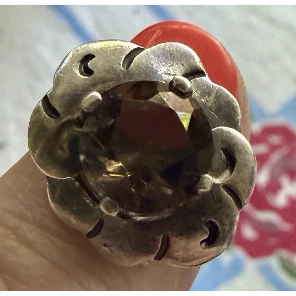 Vintage Taxco Mexico Sterling Silver Ring Flower Smoky Quartz Stone Sz 8 5.23g